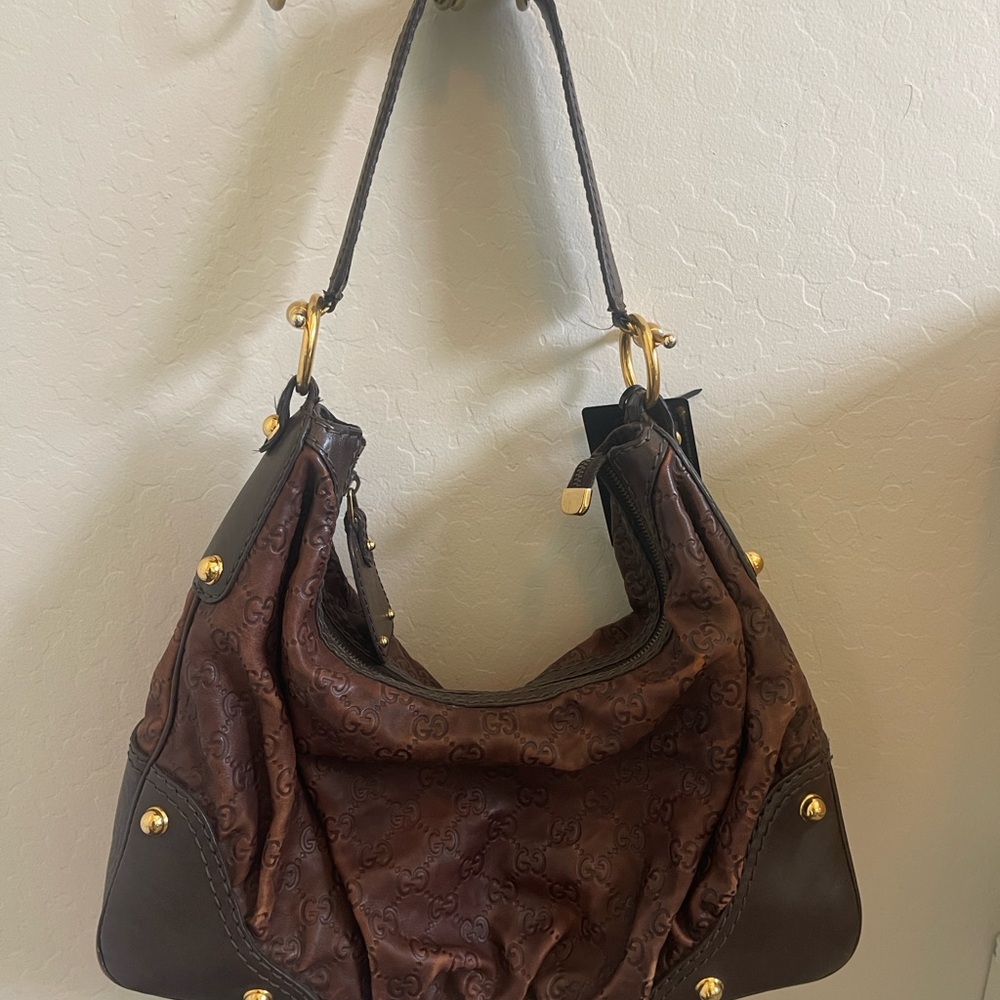 Gucci Guccissima Medium Brown Hobo Jockey Shoulder Bag Authenticated